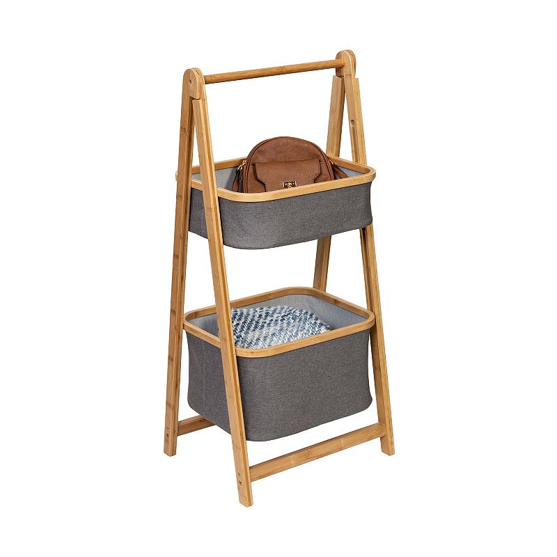 Small Bamboo and Canvas 2-Tier Collapsible A-Frame Shelving Unit