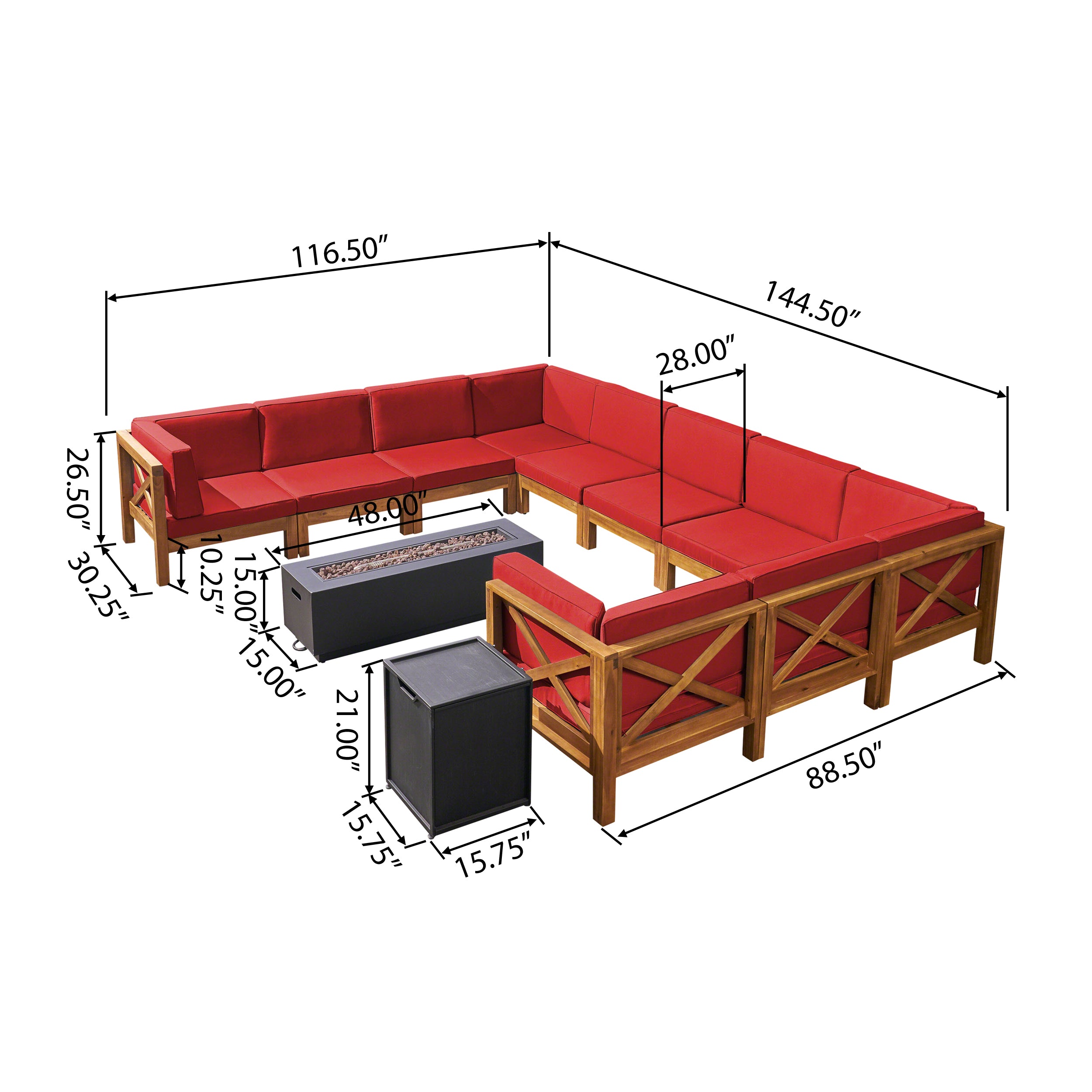 Lorelei Outdoor Acacia Wood 10 Seater U-Shaped Sectional Sofa Set with Fire Pit