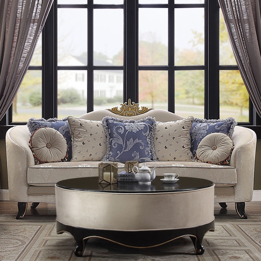 Gracewood Hollow Mehmedin Fabric upholstered Cream and Black Wood Sofa with Curved Armrests and Splayed Legs