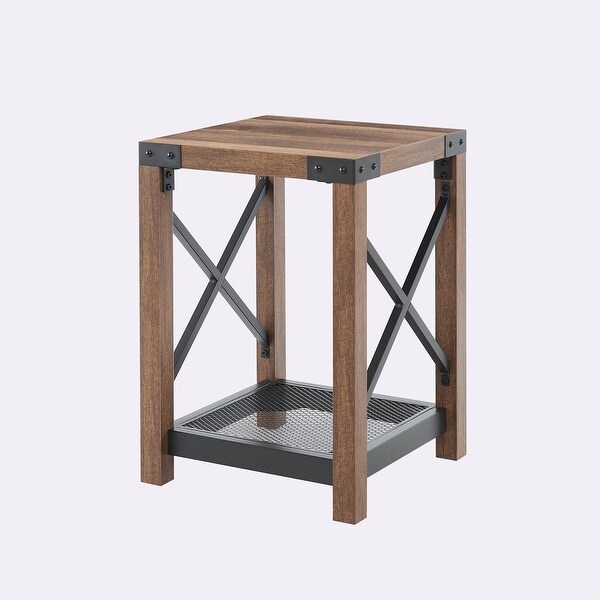 Farmhouse Wood Side Table with Mesh Shelf