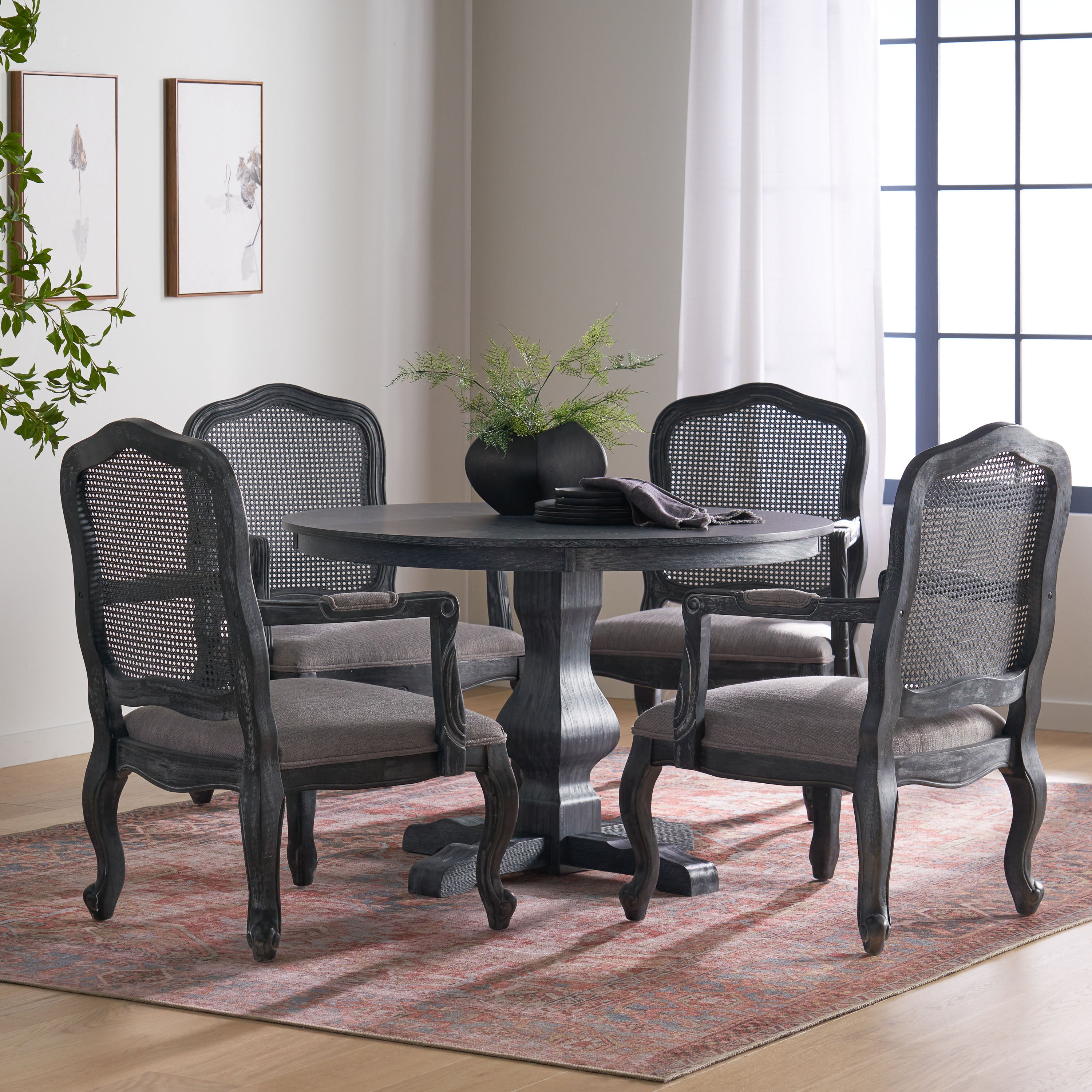 Absaroka French Country Fabric Upholstered Wood and Cane 5 Piece Circular Dining Set