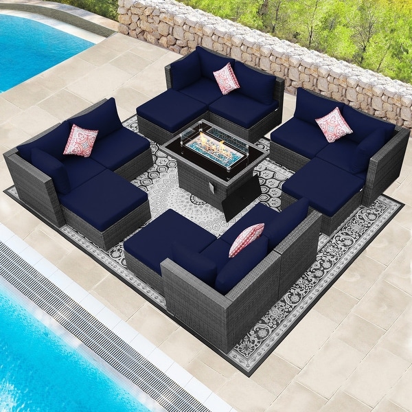 Nicesoul Outdoor Grey Wicker Sectional Furniture Patio Sofa Set with Firepit Table