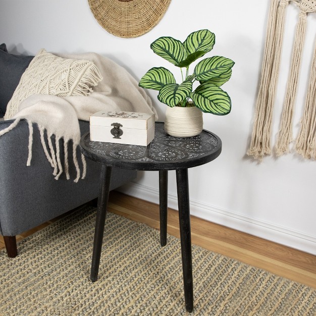 Charcoal Black And Gray Floral Engraved Wooden Side Table