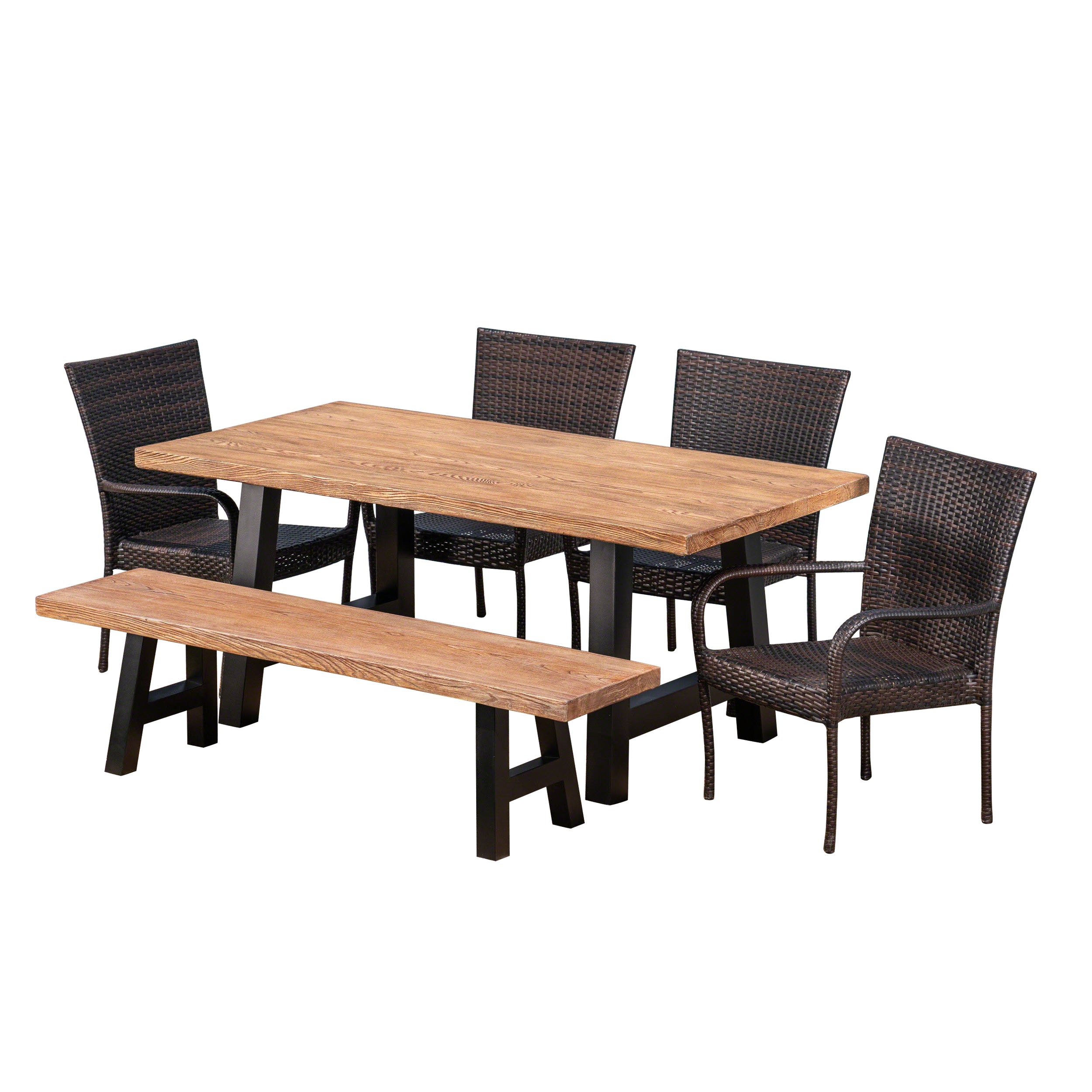 Allison Outdoor 6-Piece Stacking Wicker and Concrete Lightweight Dining Set with Natural Oak Finish in Multibrown