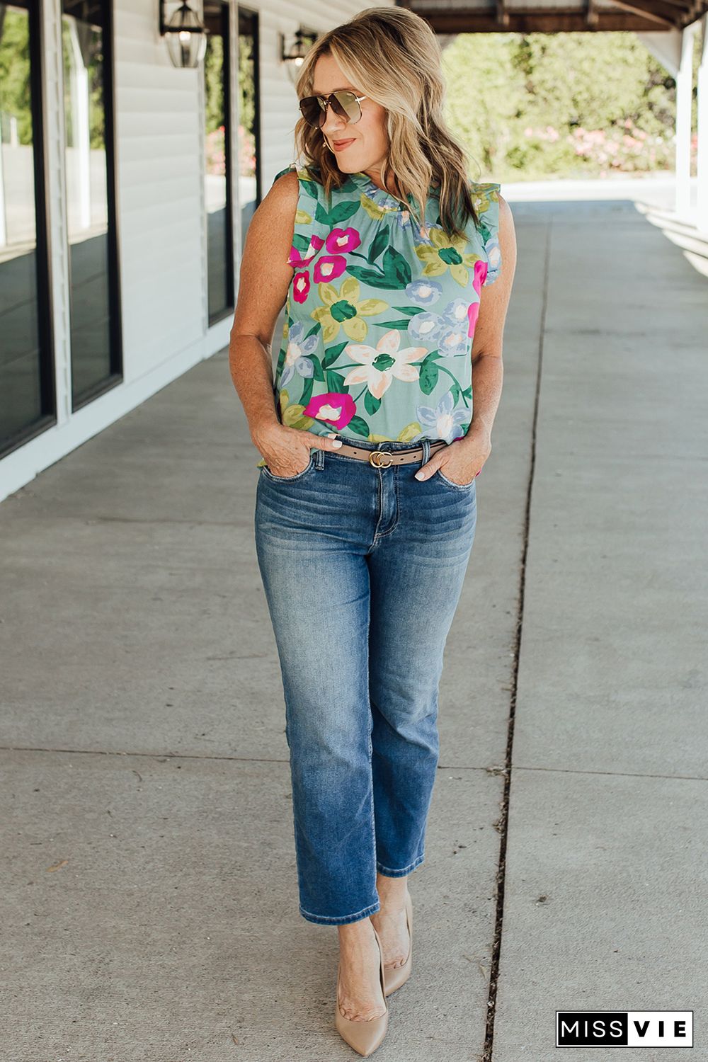 Green Floral Print Ruffle Trim Tank Top