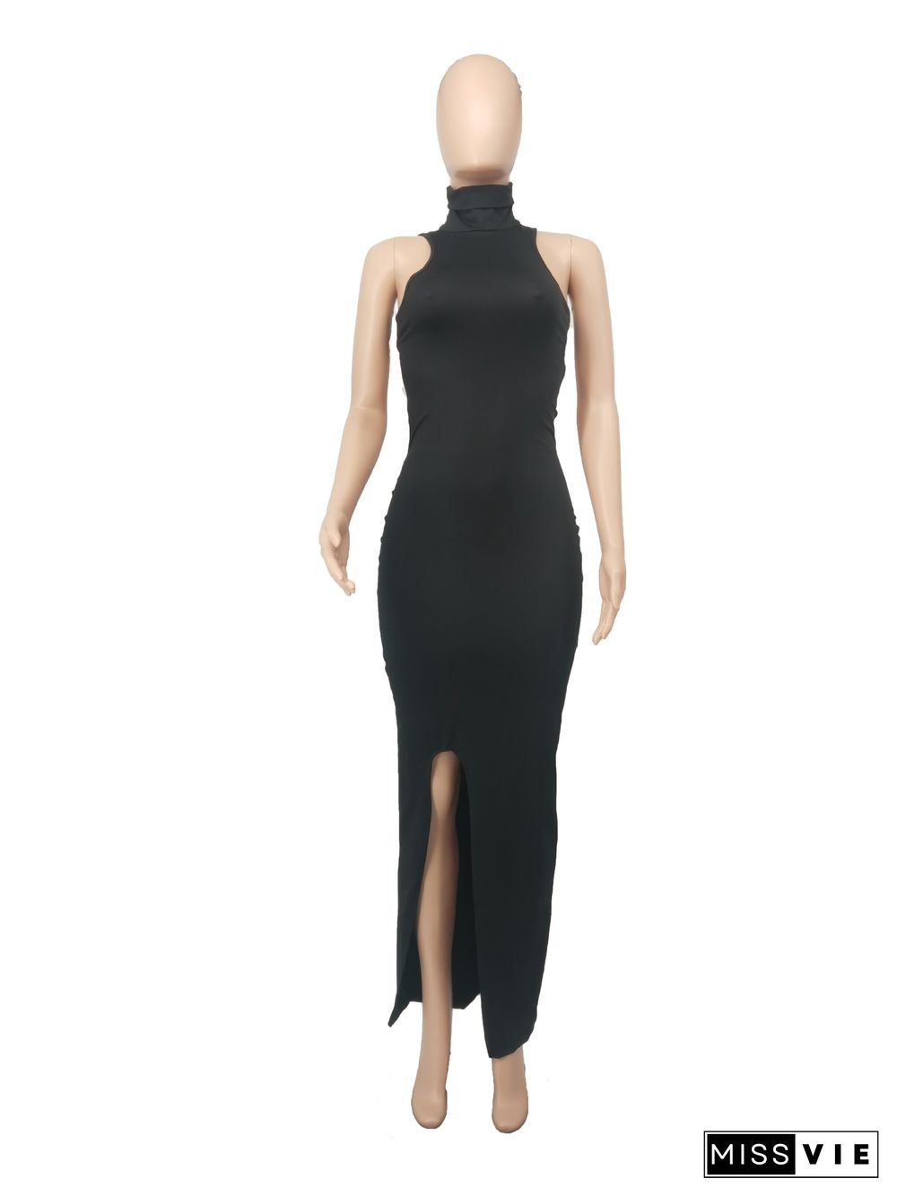 Solid Color Turtleneck Sleeveless Sexy Hollow Out Backless High Waist Skinny Split Party Long Dress