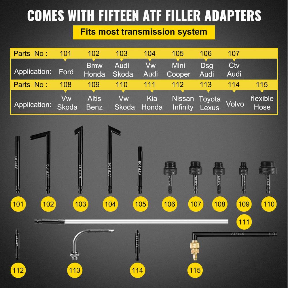VEVOR Transmission Fluid Bleeder 7.5 L Transmission Oil Pressure Tool Set with 15-Pieces ATF Filler Adapters for Most Cars QCBS7.5L15ATFVU71V0