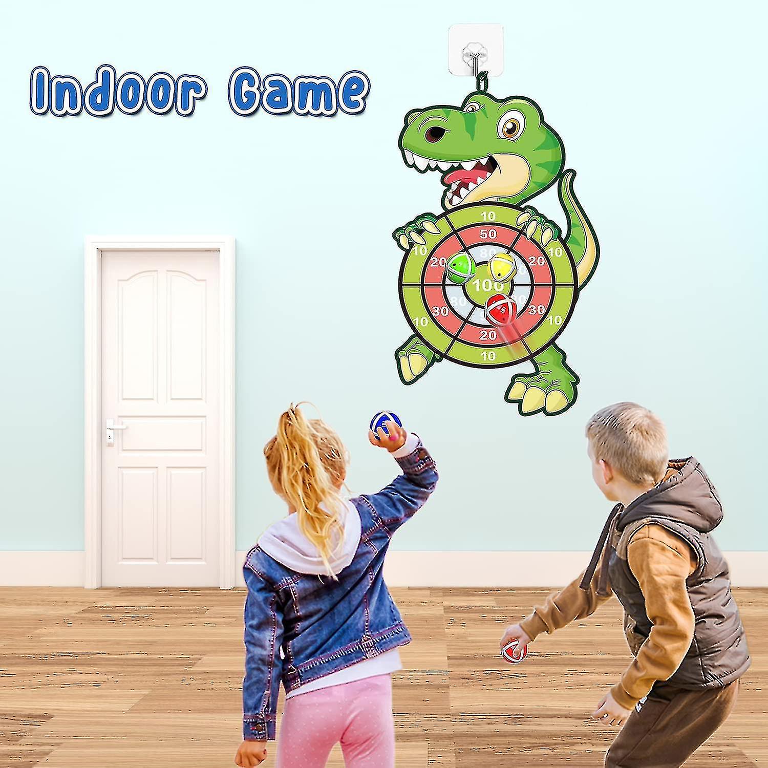 76cm Kids Dart Board Game For Age 3-9， Dinosaur Toys For Boys Velcro Dart Board Set With 12 Sticky B