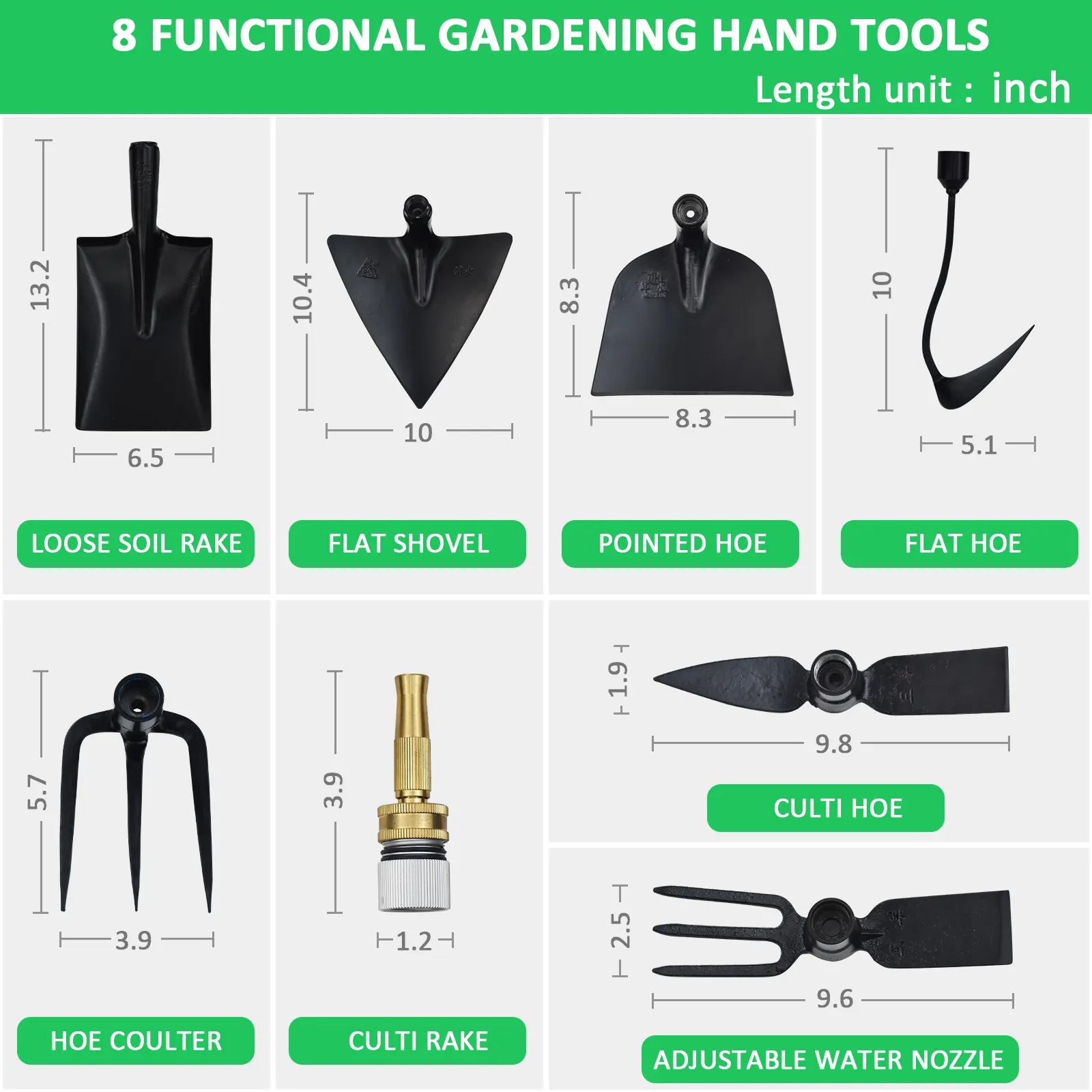 8 Piece Multi Function heavy duty Garden Tool Set Spade/Shovel/Rake/Hoe/Nozzle with extendable handle for gardener