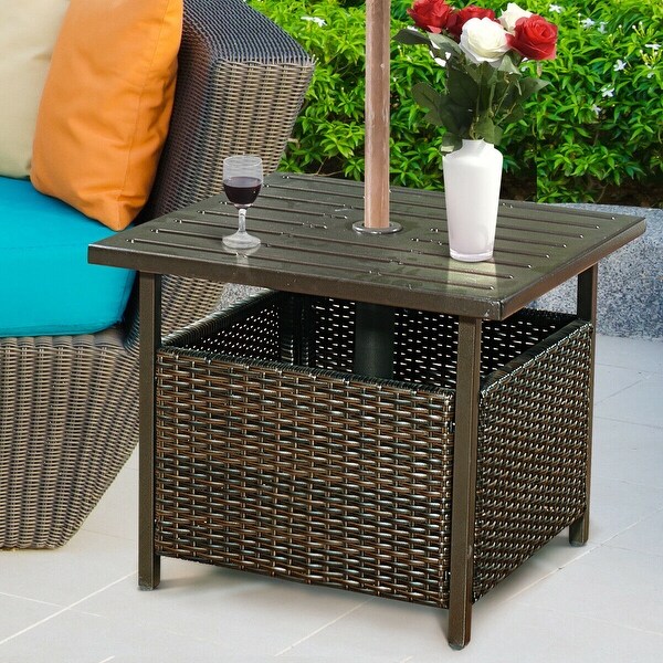 Costway Brown Rattan Wicker Steel Side Table Outdoor Furniture Deck