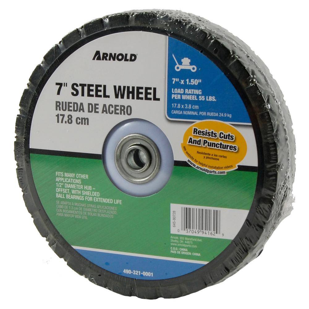 Arnold 7 in. x 1.5 in. Universal Steel Wheel with Shielded Ball Bearings for Extended Life 490-321-0001