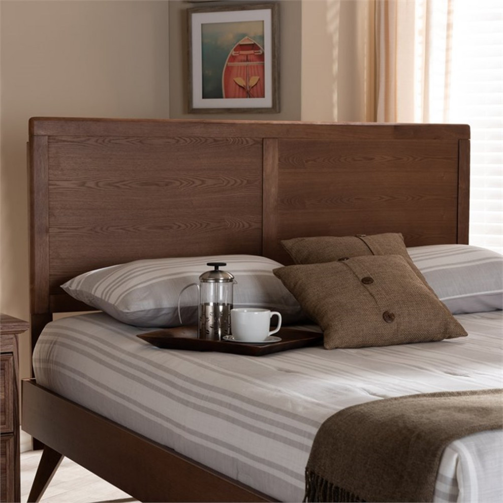 Bowery Hill Mid Century Solid Rubber Wood Queen Size Headboard in Walnut Brown   Transitional   Headboards   by Homesquare  Houzz