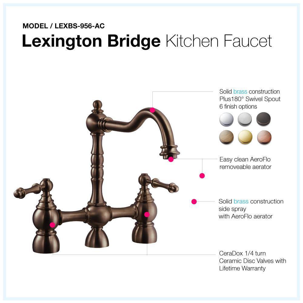 HOUZER Lexington Traditional 2-Handle Bridge Kitchen Faucet with Sidespray and CeraDox Technology in Antique Copper LEXBS-956-AC