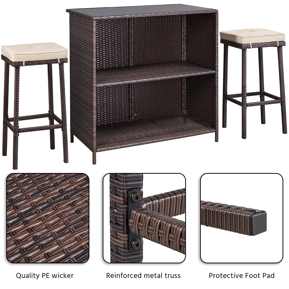 Easyfashion 3-Piece Outdoor Rattan Wicker Bar Set， Brown