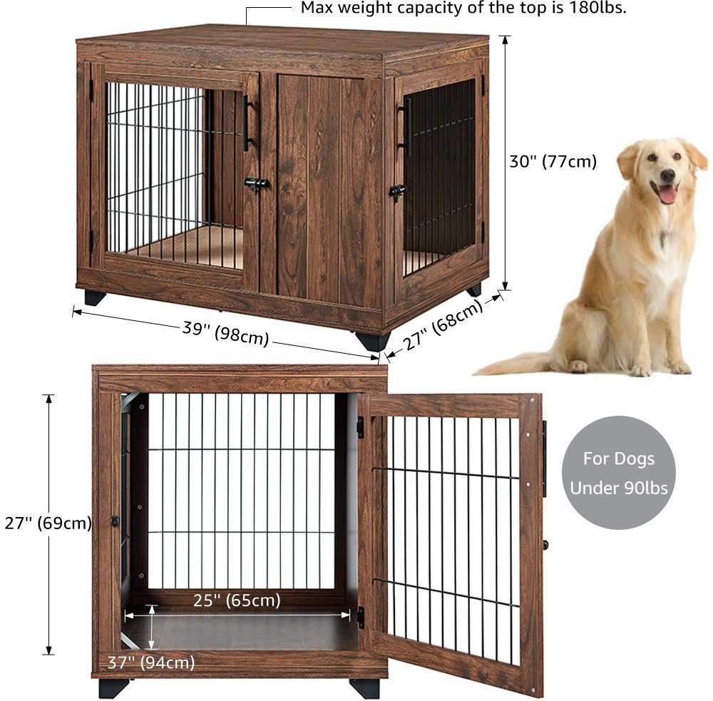 Unipaws Wooden Wire Furniture End Table Dog Crate， Walnut