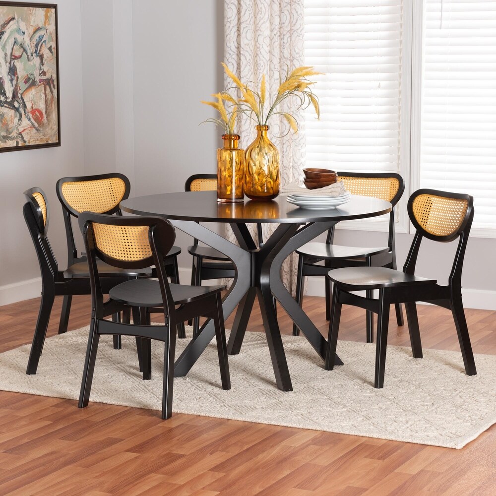 Giuliana Mid Century Modern Wood and Woven Rattan 7 Piece Dining Set