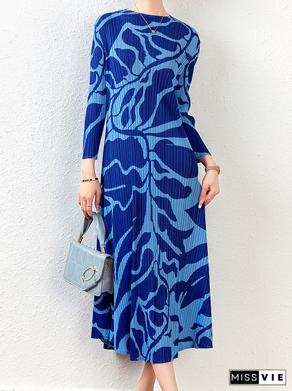 Fashion Floral Printed Pleated Long Sleeves Midi Dress