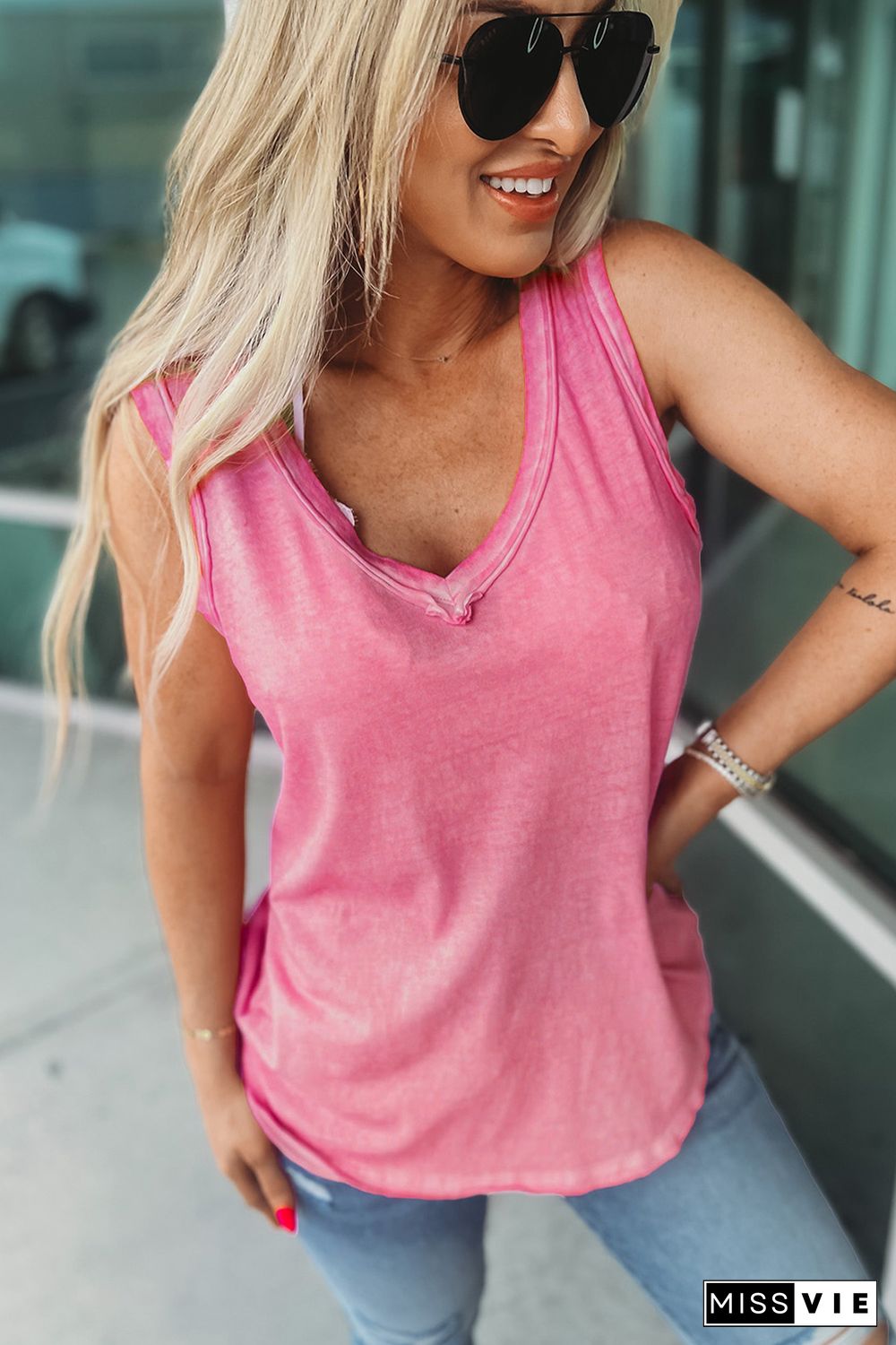 Pink Plain Seamed V Neck Tank Top