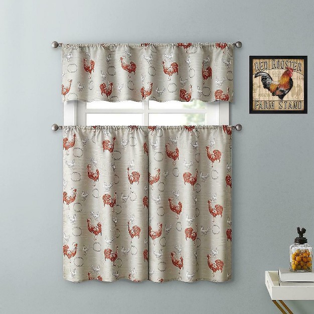 Kate Aurora Living Country Farmhouse Red Rooster Barn 3 Piece Kitchen Curtain Tier amp Valance Set 56 In W X 15 In L