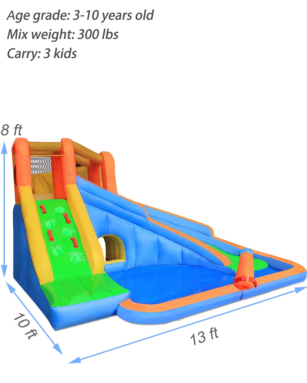 BESTPARTY Inflatable Water Slide Kids,Water Slide With Pool Backyard Water Park Play Slide with Blower, Stakes, Water Tube, Storage Bag, Patch Kits Included,450w