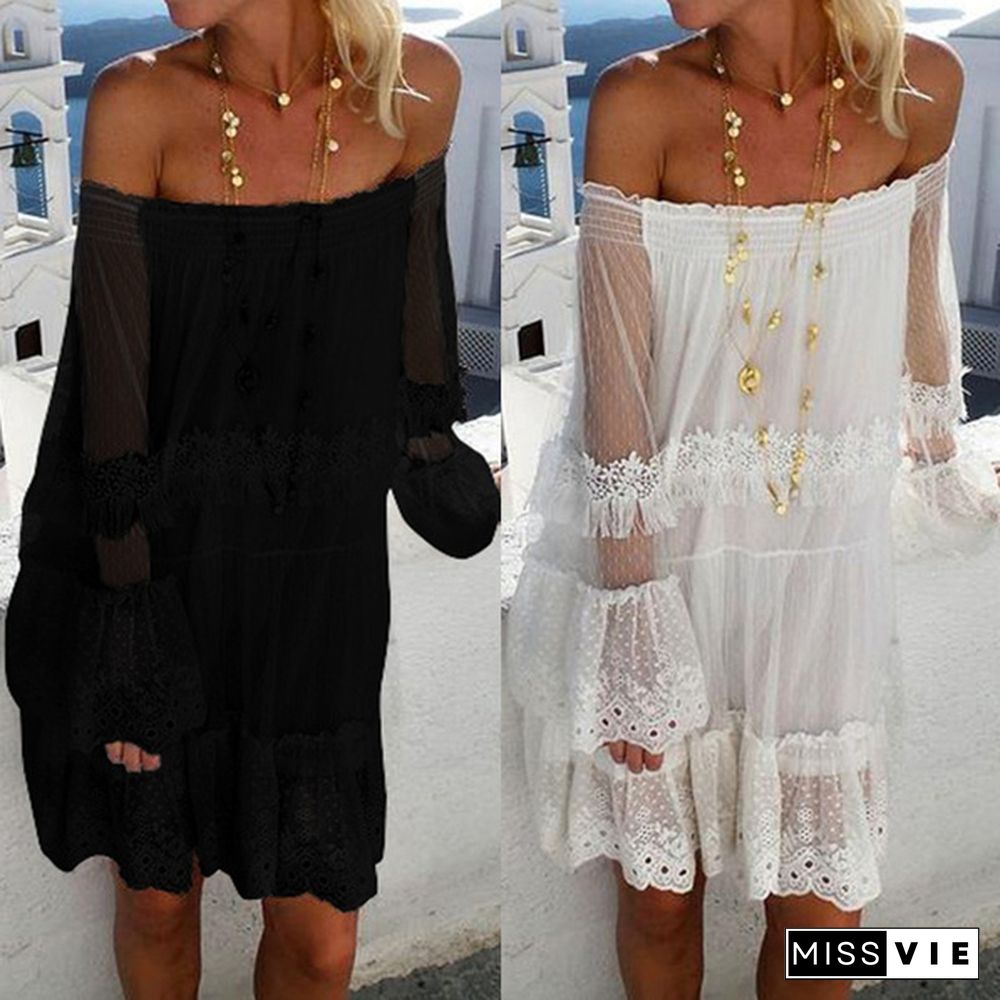 Women Bell Sleeve Lace Crochet Mini Dress Summer Beach Shirt Dress Plus