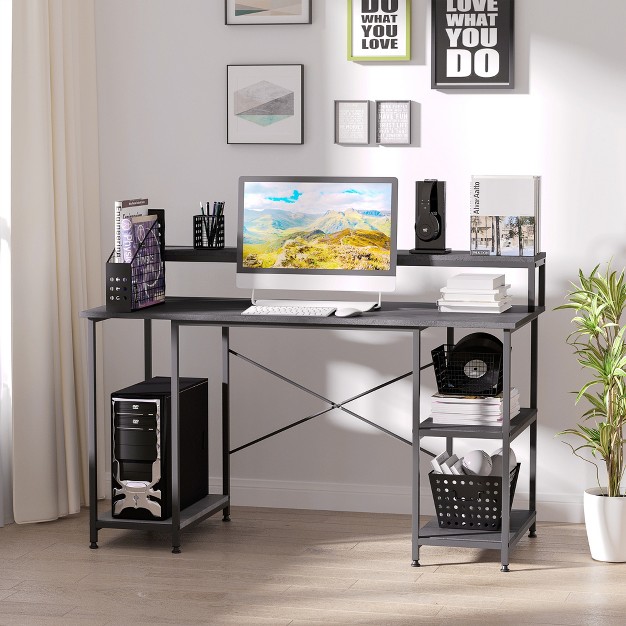 Homcom 55 Inch Home Office Computer Desk Study Writing Workstation With Storage Shelves Elevated Monitor Shelf Cpu Stand