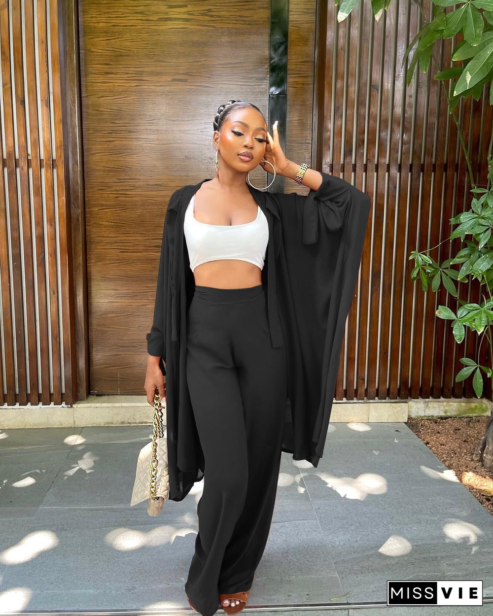 Loose Long Sleeve Shirt And Wide Leg Pants Two Piece Set