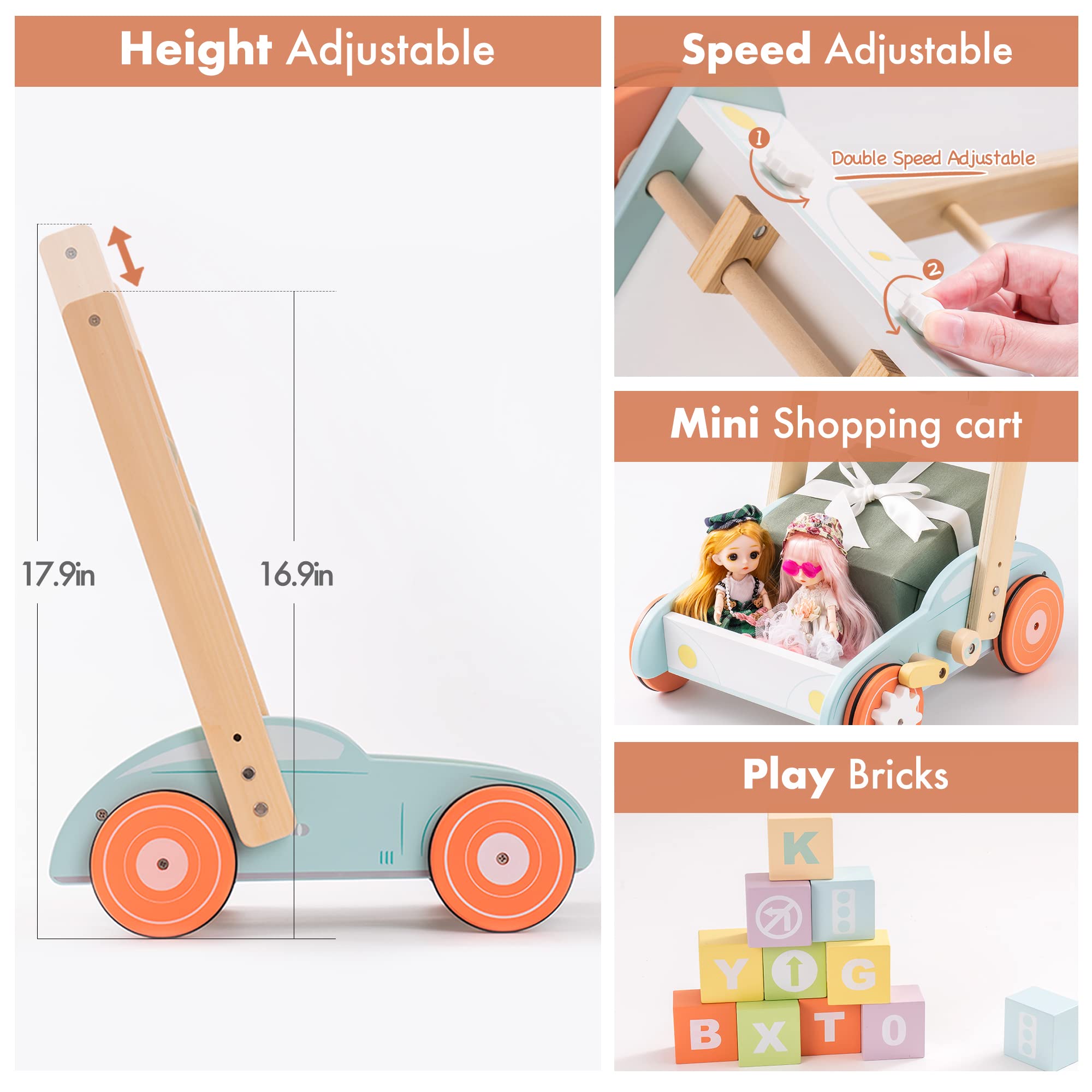 Robud Wooden Baby Walkers Push Toys for Baby Girls Boys 10 Month +， Adjustable Speed Push and Pull Learning Walker Activity Toys for Toddler