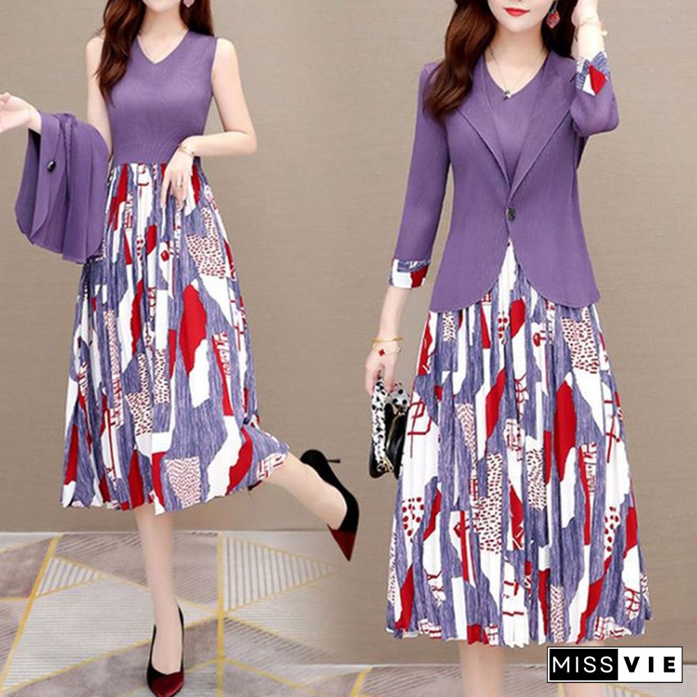 Office Lady Two Piece Sets Women Outfit Fashion 3/4 Sleeve Blazer And Sleeveless Spliced Print Pleated Dress Suits Spring Autumn