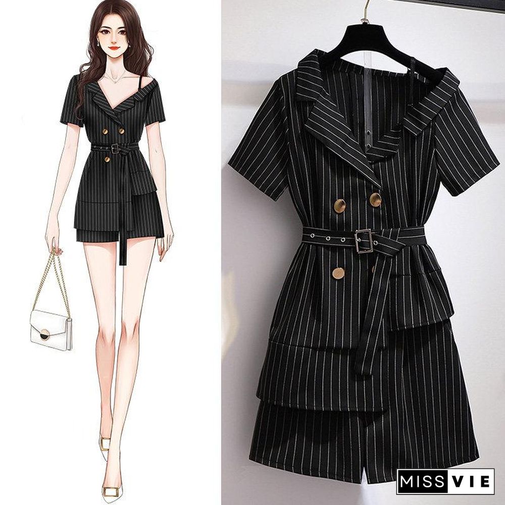 Stripe Belt Blazer Two-Piece Set P15519