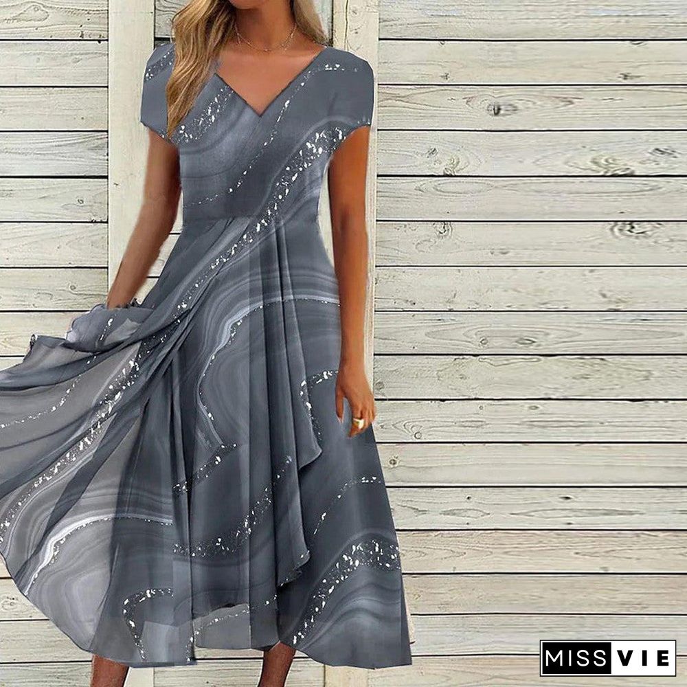 Stunning Grey Short Sleeve V-Neck Midi Dress