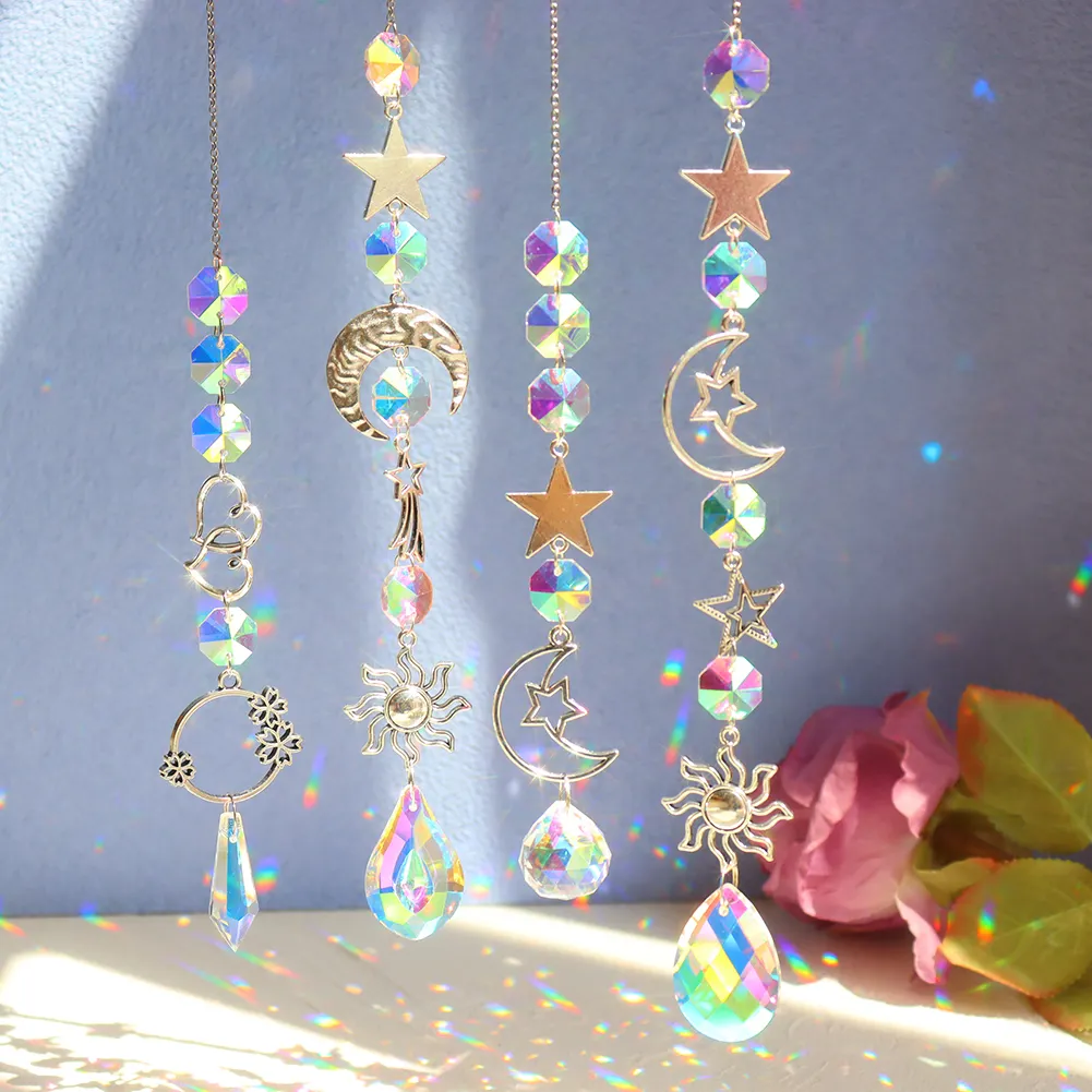 Metal Healing Crystal Prism Chaser Glass Windchime Moon Star Sun Ball Light Catchers Pendants Ornament Crafts Decor