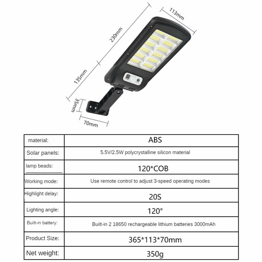 120 COB LED Solar Street Light Waterproof， Motion Sensor Outdoor Light Garden Security Street Wall Lamp with Remote Control， 3 Lighting Modes