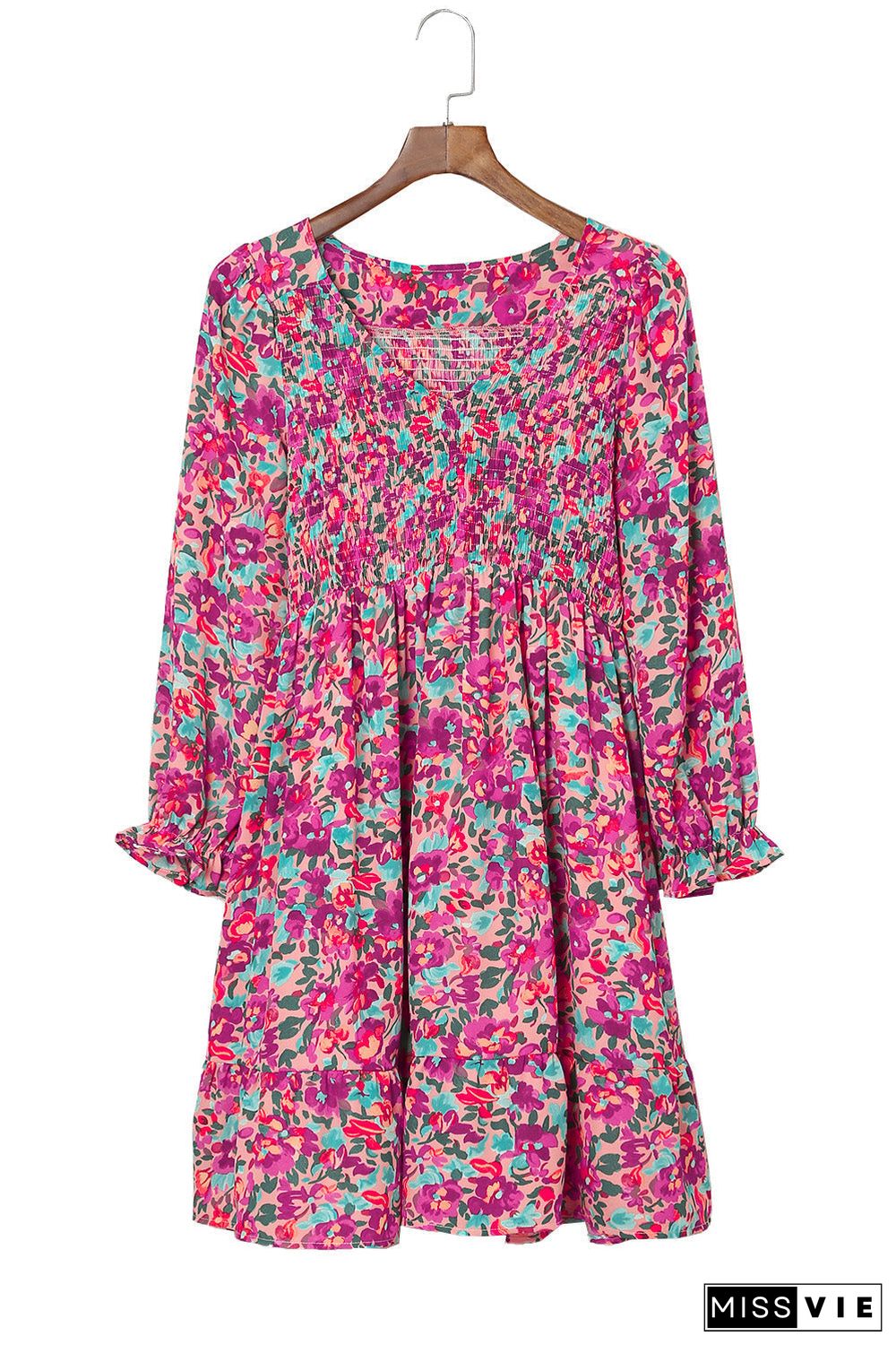 Purple Smocked V Neck Puffy Sleeve Floral Dress