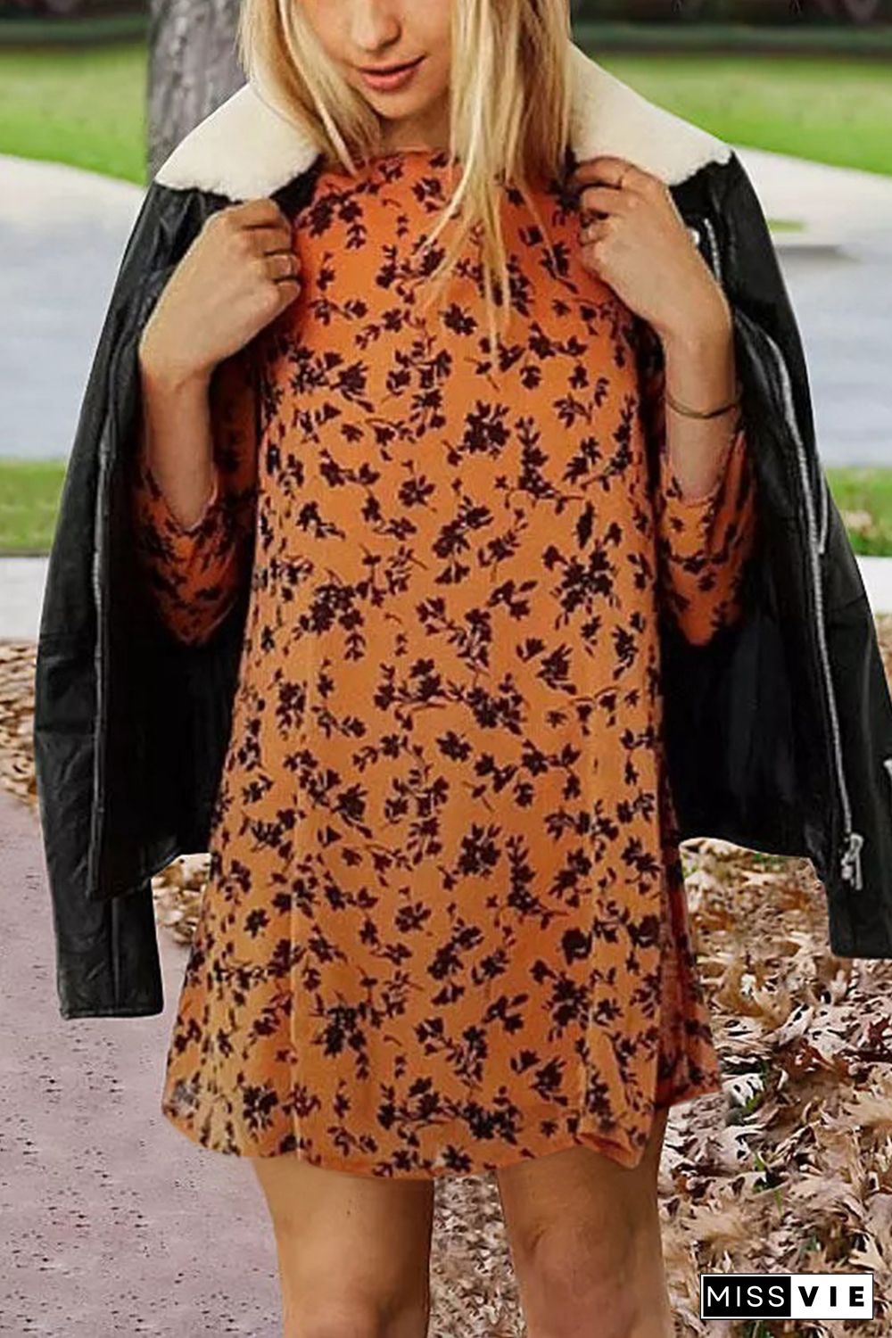 Orange Floral Print O-neck Long Sleeve Mini Dress