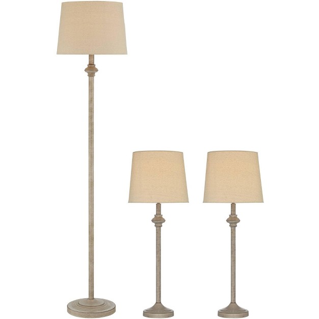 360 Lighting Carter Rustic Farmhouse 3 Piece Table Floor Lamp Set Beige Metal Cream Fabric Tapered Drum Shade For Living Room Bedroom Office House