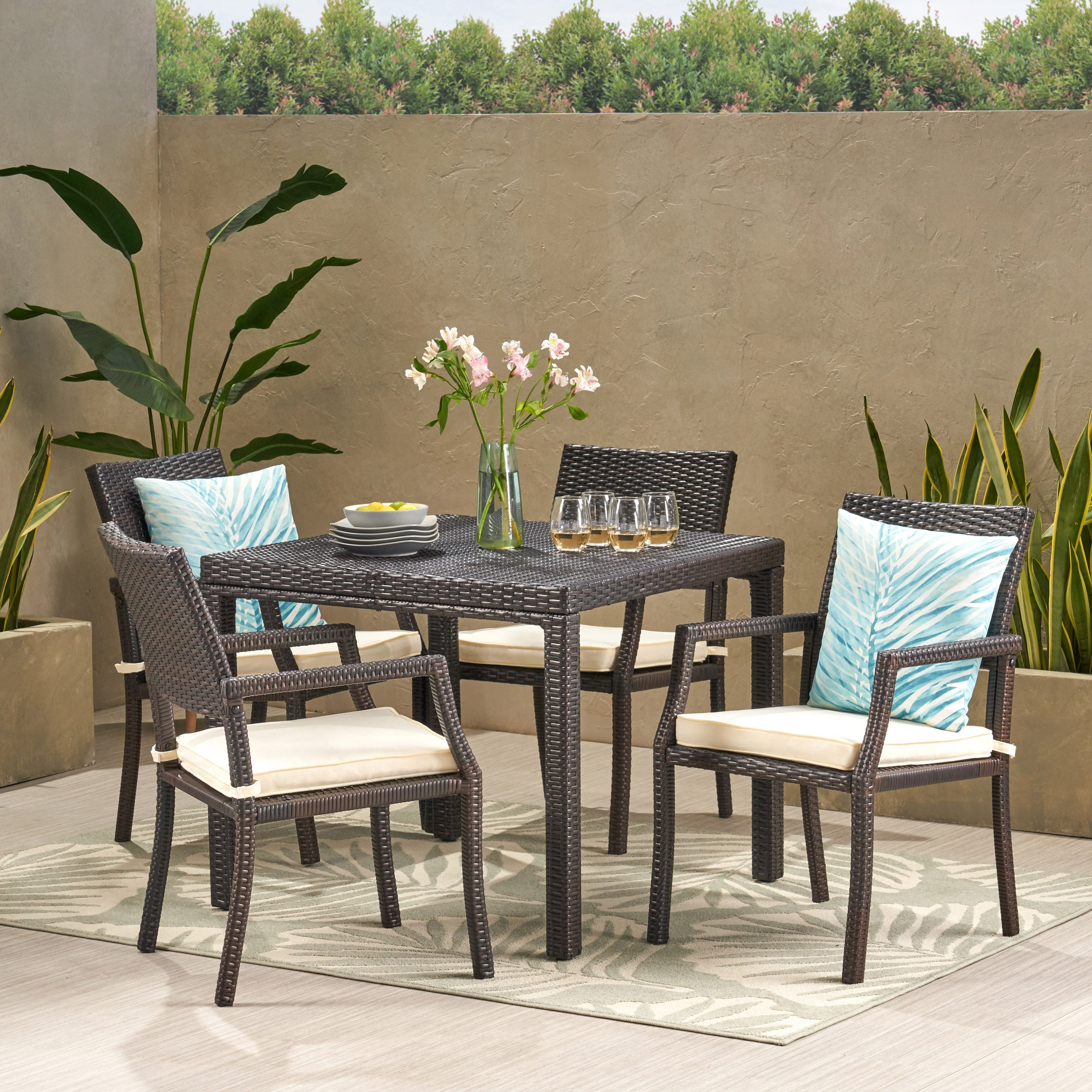 Edene Outdoor 5 Piece Multibrown Wicker Rectangular Dining Set