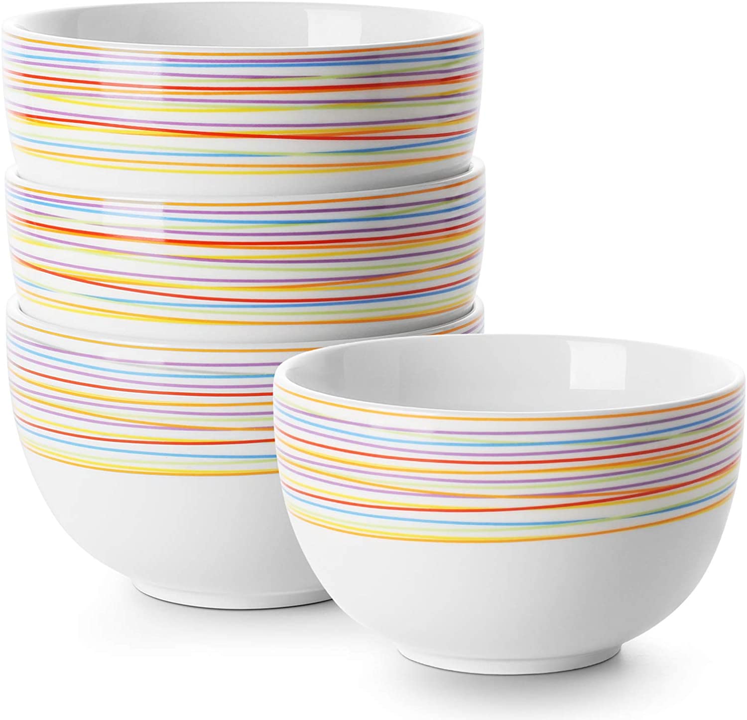 DOWAN Deep Cereal Bowls， 30 oz Deep Soup Bowls for Eating， Ceramic Serving Bowls for Oatmeal - Microwave Safe， Set of 4， White with Rainbow Stripes