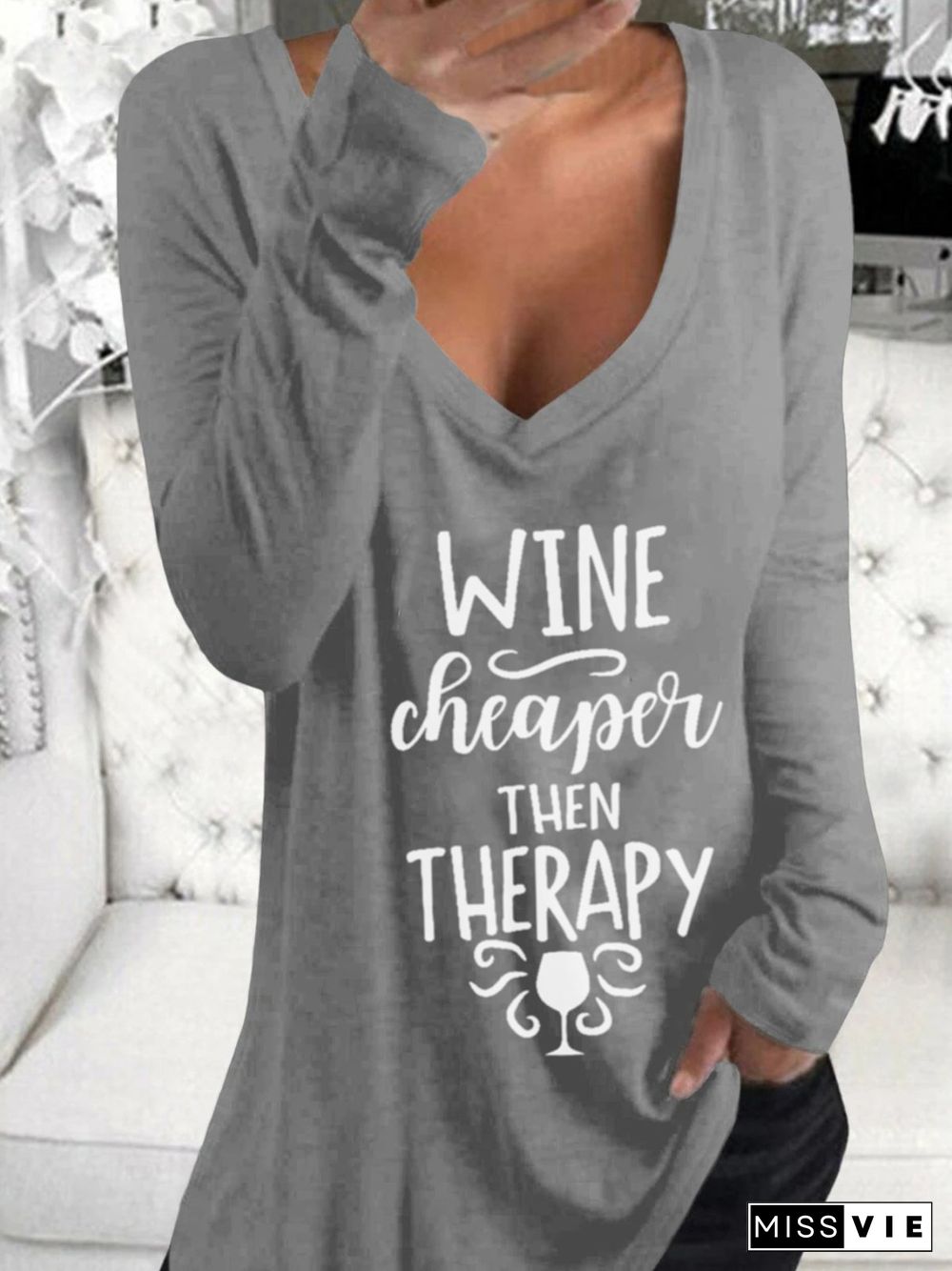 Long Sleeve V Neck Plus Size Printed Tops T-Shirts