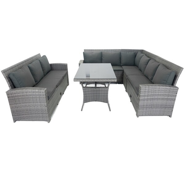 Grey Wicker 5piece Patio Outdoor Conversation Sectional Set with 3 UnderSeat Storage Compartments，Cushions