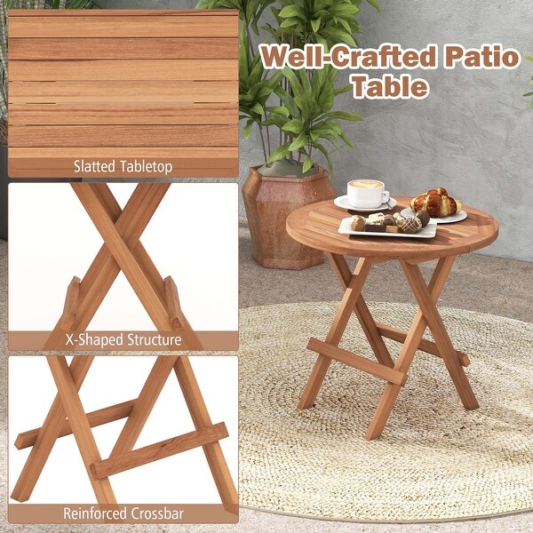 Patio Folding Side Table Indonesia Teak Wood Round Slatted Tabletop Portable