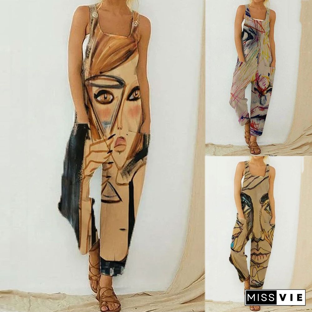 Women Fashion Sleeveless Straps Wide Leg Pants Sexy Printed Rompers Summer Jumpsuits Casual Long Overalls Vintage Suspenders