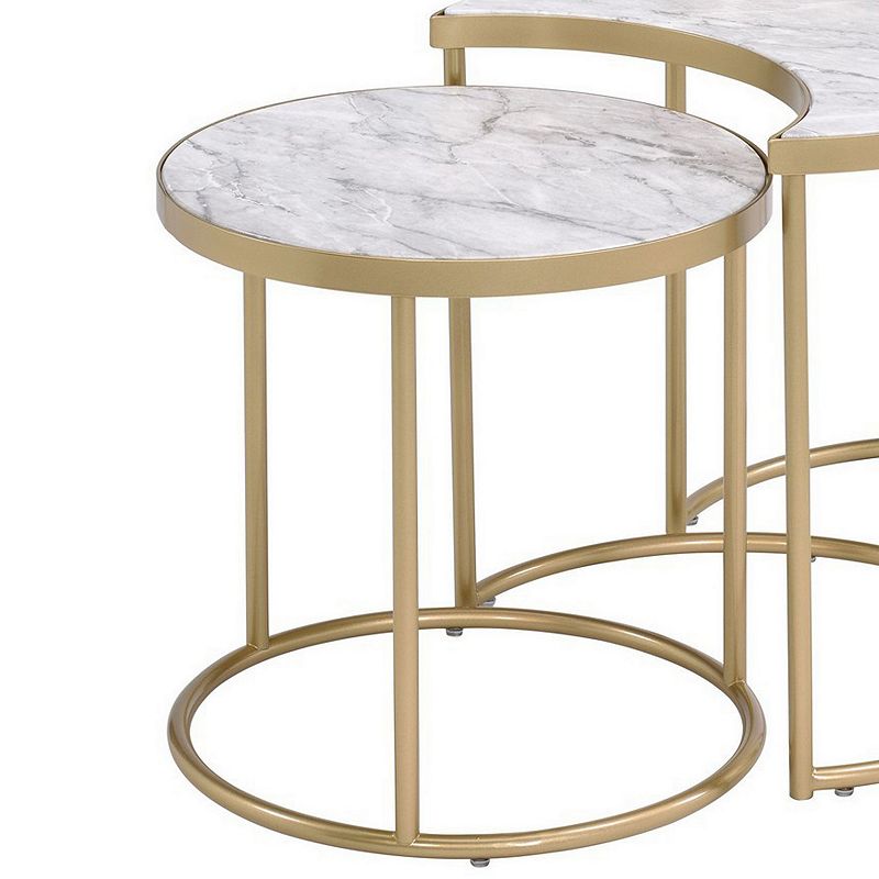 Metal Nesting Coffee Table with Faux Marble Top， Set of 3， Gold and White