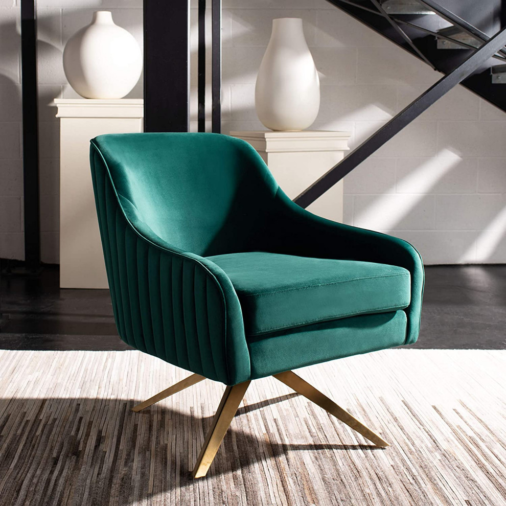 Mid Century Accent Chair  Swivel Design With Velvet Upholstered Seat  Emerald   Contemporary   Armchairs And Accent Chairs   by Declusia  Houzz