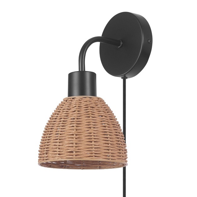 Briar 1 light Matte Black Plug in Or Hardwire Wall Sconce With Rattan Shade Globe Electric