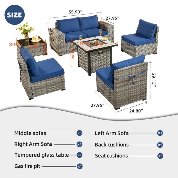 OVIOS Patio Wicker Furniture Wide Arm 7piece Fire Pit Set with Table