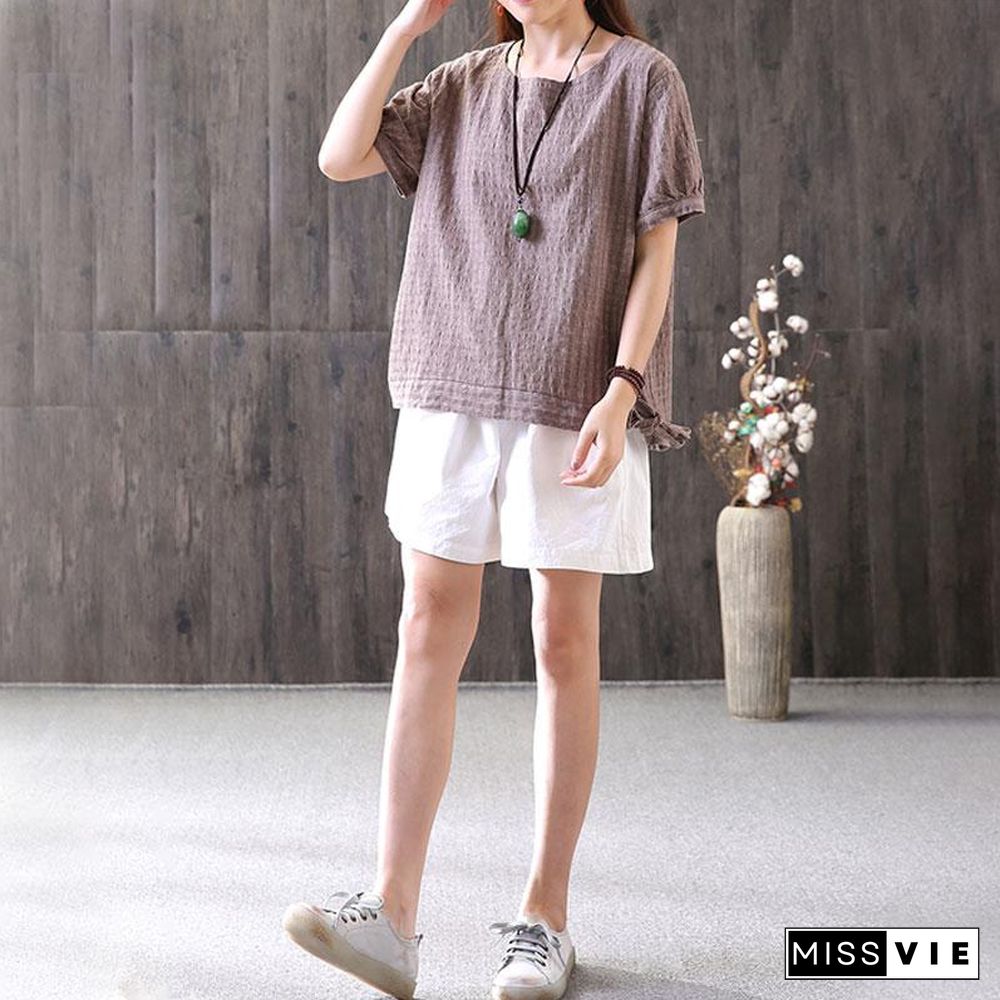 fashion cotton tops oversized Retro Lacing Cotton Linen Short Sleeve Pullover T Shirt