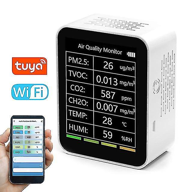 Naiwang Tuya Wifi Air Quality Detector 6 In 1 Detector Pm2.5 Tvoc Co2 Ch2o Temperature Humidity Intelligent Linkage App Remotes Viewing