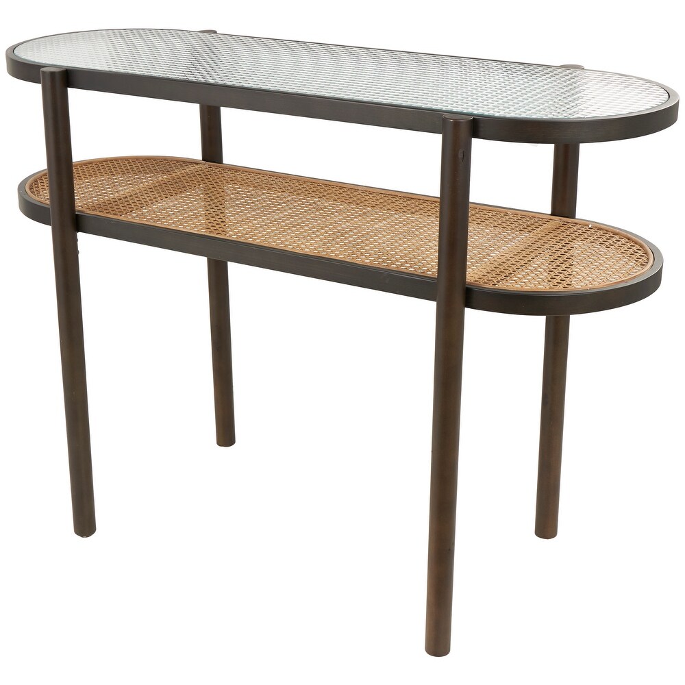 Brown Rattan Console Table with Pressed Tempered Glass Top  44\