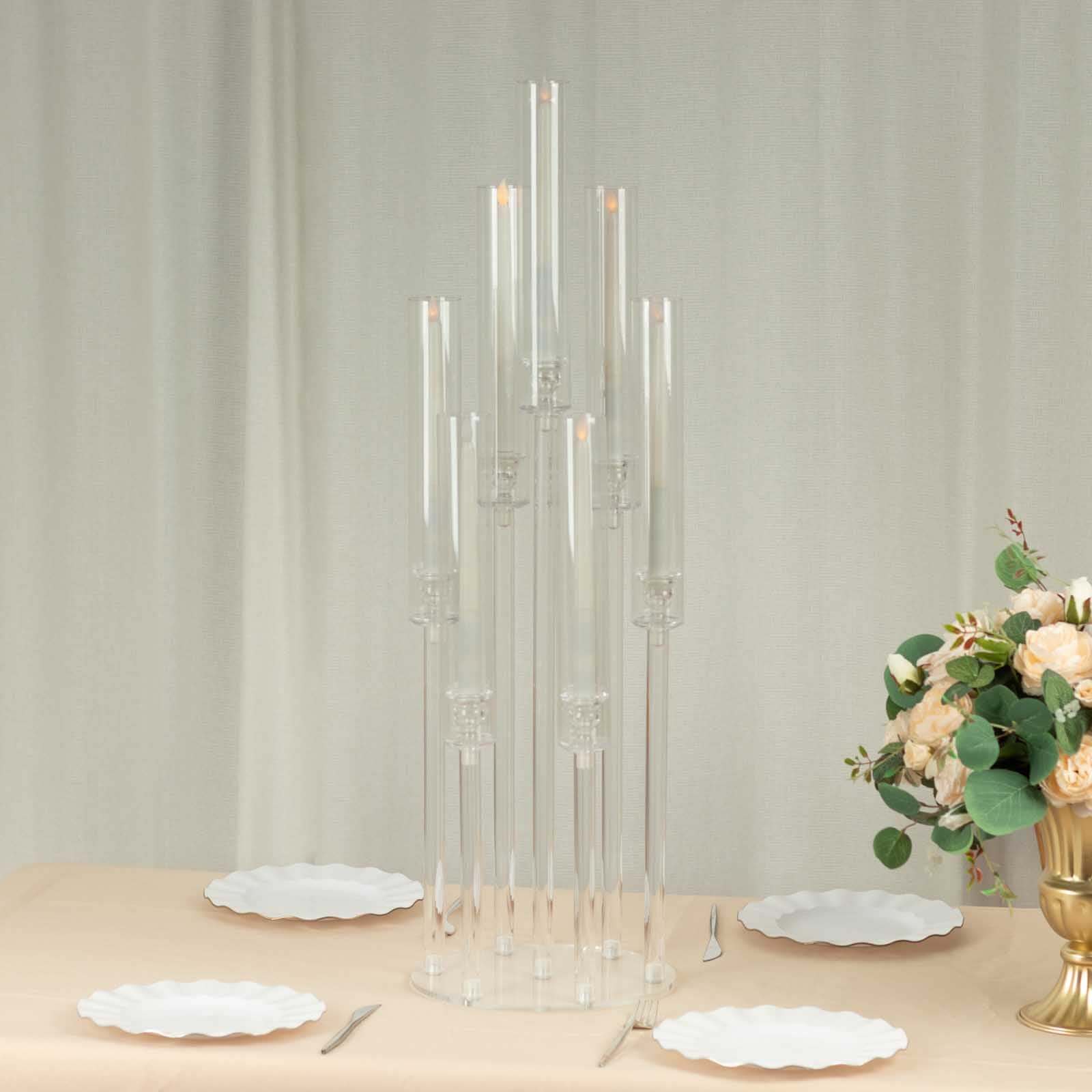 7 Arm Clear Acrylic Cluster Round Taper Candle Holder Candelabra, Pillar Candle Stick Stand With Circular Base - 33